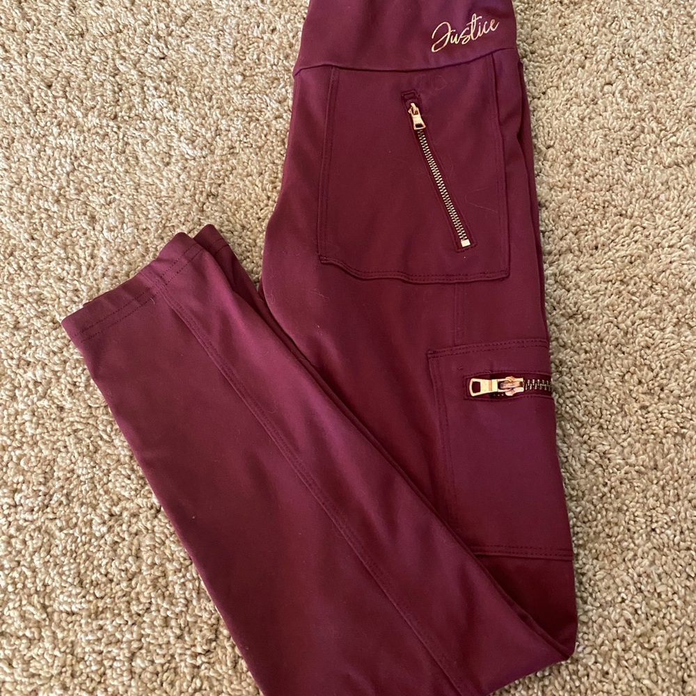 Justice Burgundy Leggings with Gold Zippers